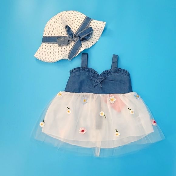 Littlechic Boutique Other - Baby Girl Summer Sleeveless Mesh Jean Dress with Hat